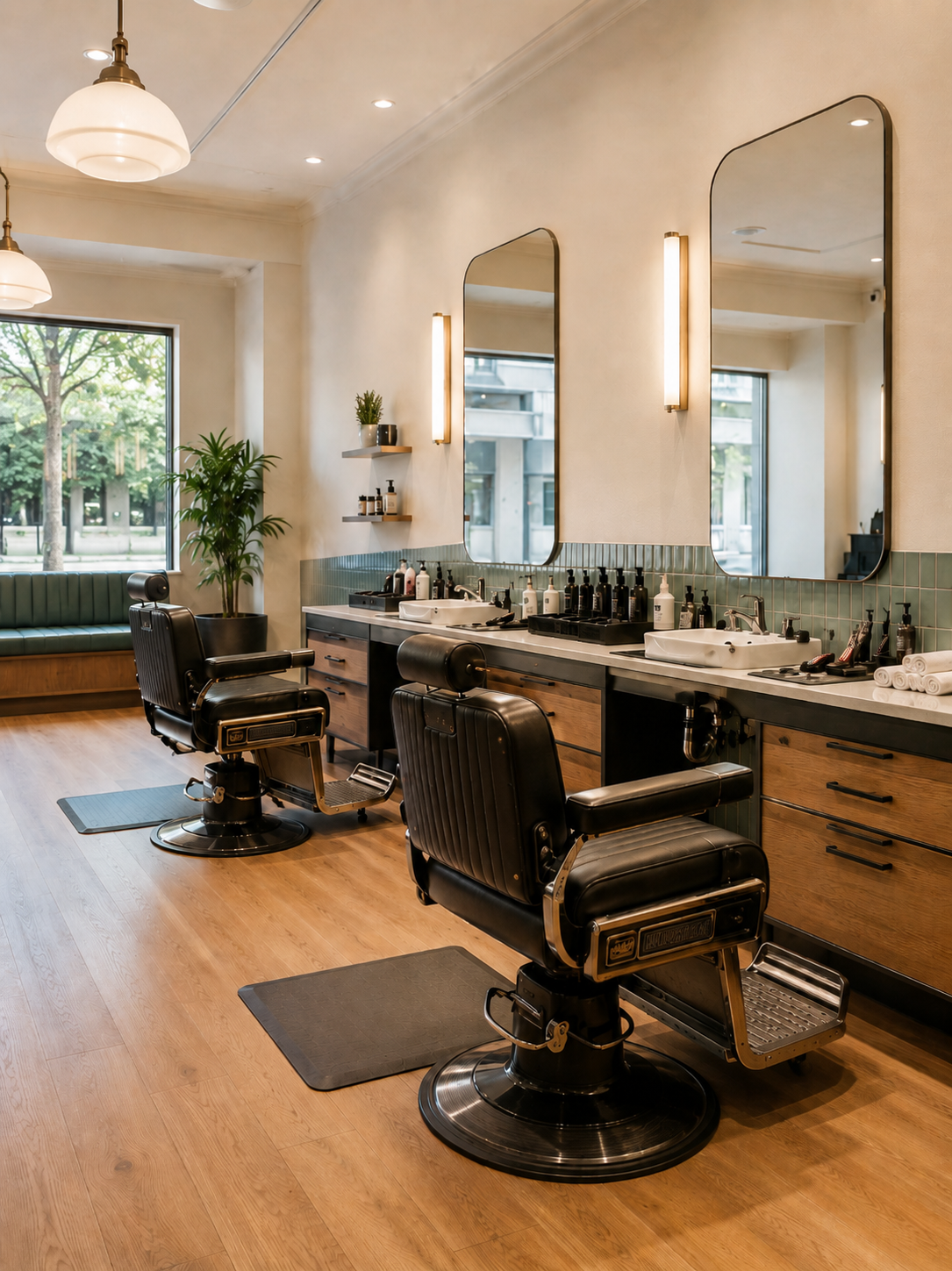 Champion Barbershop interior with leather chairs and vintage decor